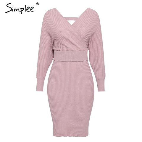 Simplee Sexy v-neck women knitted skirt suits Autumn winter batwing sleeve 2 pieces Elegant party female sweater pink dress