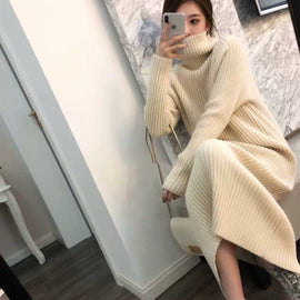 SHIJIA Autumn thicken long sweater dress woman turtleneck super Chic long-sleeve warm knit dress ladies 2019 winter clothing