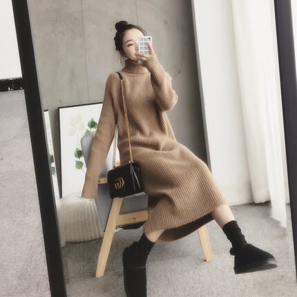 SHIJIA Autumn thicken long sweater dress woman turtleneck super Chic long-sleeve warm knit dress ladies 2019 winter clothing