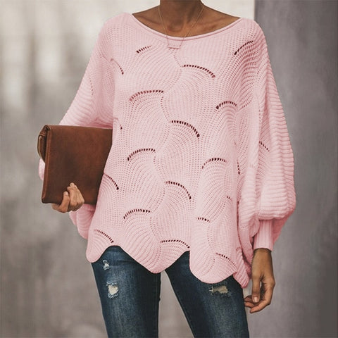 Women Loose Sweater Cloak Casual Oversized Soft Lantern Sleeve Hollow Out Pullovers Knit O Neck Wave Hem Solid Female Sweaters