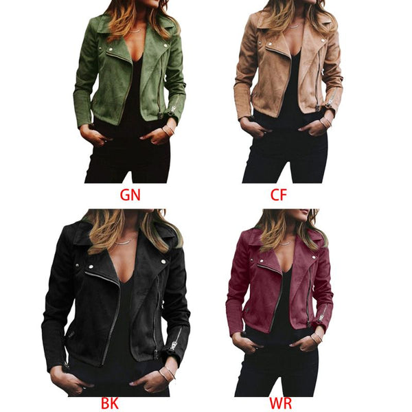 Womens Plus Size Long Sleeve Short Coat Faux Suede Lapel Motorcycle Biker Jacket