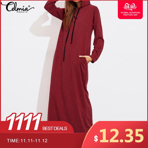 Celmia Plus Size Women Maxi Dress Autumn Hooded Dress Sweatshirt Female Long Sleeve Hoodies Winter Pullover Vestido Robe Femme