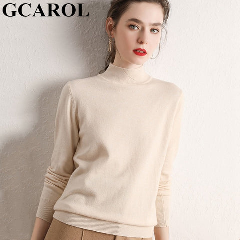 GCAROL Women Half Turtleneck Sweater 30% Wool Thick Warm Jumper Autumn Winter Short Knitted Pullover Stretch Plus Size 2XL