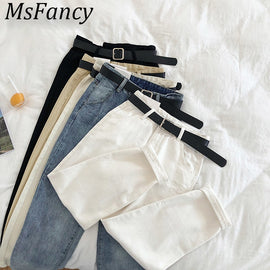 2019 Spring Women High Waist Harem Jeans Trousers With Belt High Street Women Boyfriend Denim Trousers