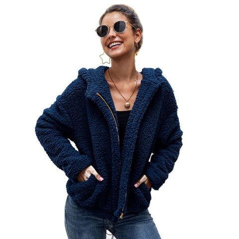 Women New Fleece Coat Hooded Jacket Sherpa Zipper Up Pockets Warm Winter Outwear