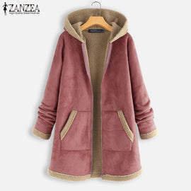 2019 Plus Size ZANZEA Winter Zipper Fleece Jackets Women Vintage Solid Hooded Long Sleeve Warm Coats Overcoats Femme Outwear