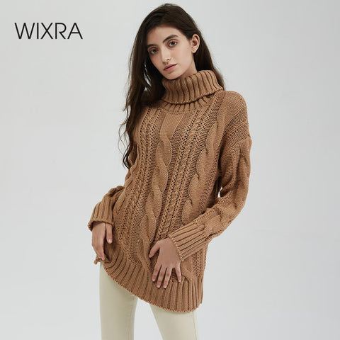 Wixra New Chunky Turtleneck Sweater Women Autumn Winter Solid Hollow Out Knitted Pullover Jumpers Loose Sweaters