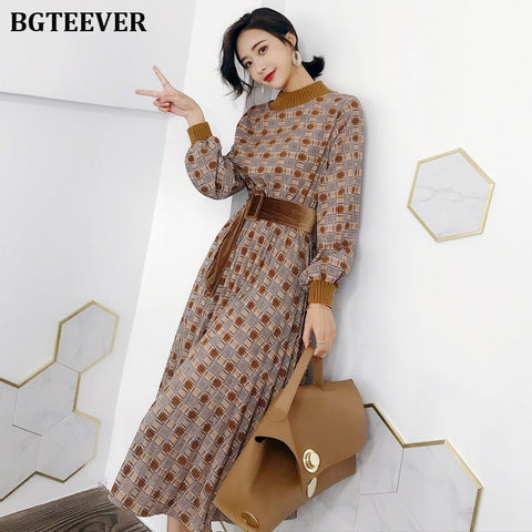 BGTEEVER Autumn Dress Women Vintage Plaid Lantern Sleeve Female Maxi Dress Elegant Sashes Party Vestidos femme 2019