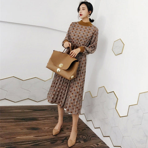 BGTEEVER Autumn Dress Women Vintage Plaid Lantern Sleeve Female Maxi Dress Elegant Sashes Party Vestidos femme 2019