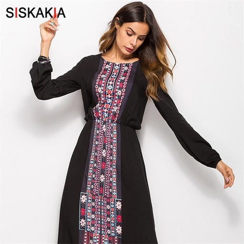 Siskakia Women long Dress 2019 Fashion Ethnic Printing Maxi Dresses long sleeve Beach Holiday Vocation Wears Gray Blue khaki