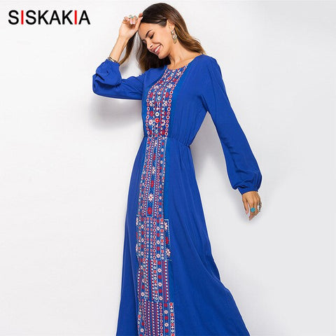 Siskakia Women long Dress 2019 Fashion Ethnic Printing Maxi Dresses long sleeve Beach Holiday Vocation Wears Gray Blue khaki