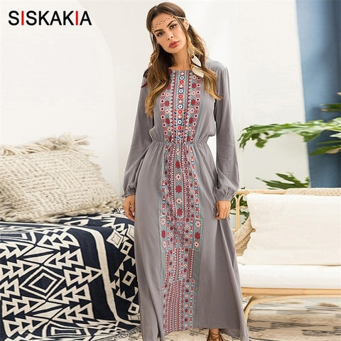 Siskakia Women long Dress 2019 Fashion Ethnic Printing Maxi Dresses long sleeve Beach Holiday Vocation Wears Gray Blue khaki