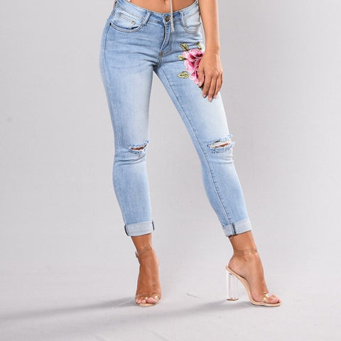 New Skinny Jeans Women Denim Pants Holes Destroyed Knee Pencil Pants Casual Trousers Rose Embroidery Stretch Ripped Jeans