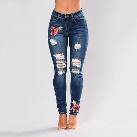 New Skinny Jeans Women Denim Pants Holes Destroyed Knee Pencil Pants Casual Trousers Rose Embroidery Stretch Ripped Jeans