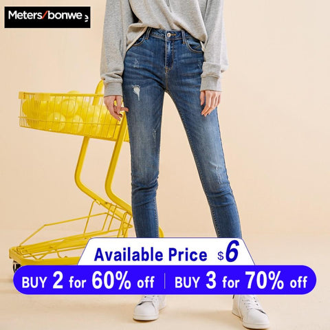 Metersbonwe Slim Jeans For Women Jeans Blue Denim Pencil Ankle-Length Pants High Quality Stretch Waist Women Jeans Plus Size