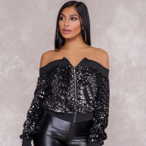 Autumn Women Sexy Club Off Shoulder Sequin Coats Bomber Jacket Long Sleeve Zipper Casual Fashio Nclassic Design Slash Neck Show