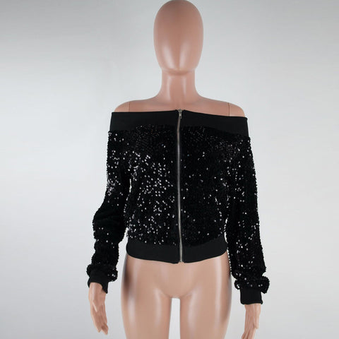 Autumn Women Sexy Club Off Shoulder Sequin Coats Bomber Jacket Long Sleeve Zipper Casual Fashio Nclassic Design Slash Neck Show