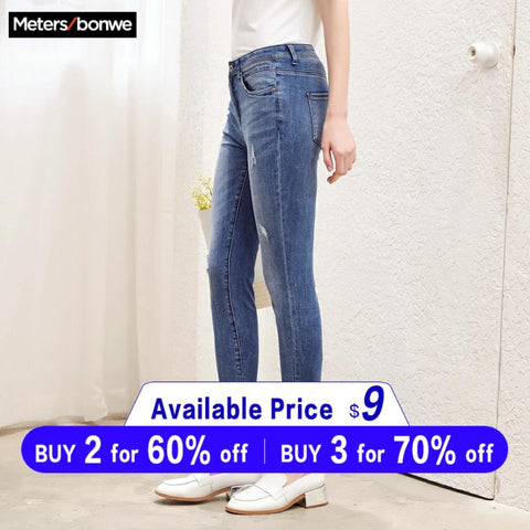 Metersbonwe Slim Jeans For Women Jeans Hole Design Woman Blue Denim Pencil Pants Casual High Quality Stretch Waist Women Jeans