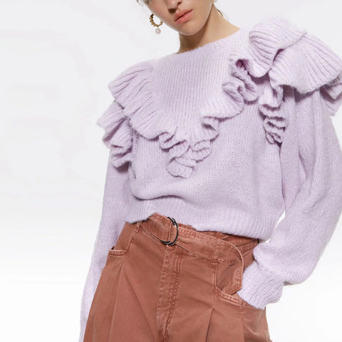 fashion women sweater sweet ruffled knitted sweater long sleeve O neck jumper elastic pullovers female cute stylish chic tops