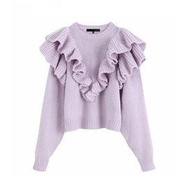 fashion women sweater sweet ruffled knitted sweater long sleeve O neck jumper elastic pullovers female cute stylish chic tops