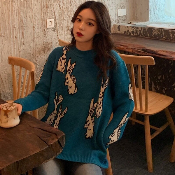 Women Sweaters Loose Pullover Sweater Cute Rabbit Embroidered Long Sleeve Sweater Plus Size