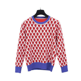 Women New vintage red leaf Jacquard  warm sweaters long sleeve o neck lurex Christmas pullovers  autumn knitted retro tops C-014