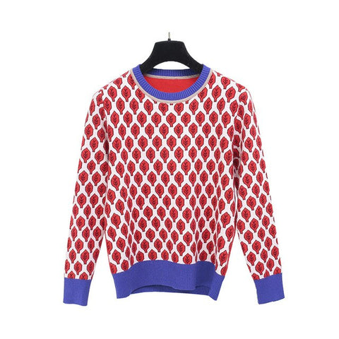 Women New vintage red leaf Jacquard  warm sweaters long sleeve o neck lurex Christmas pullovers  autumn knitted retro tops C-014