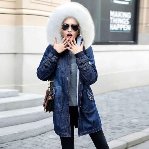 European Ladies Clothing Winter Hooded Outwear Big Fur Collar Female denim Jacket Warm Wool lining Long jackets women Jean Coat