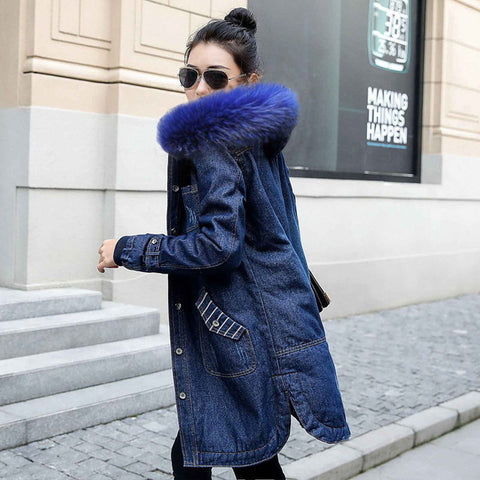 European Ladies Clothing Winter Hooded Outwear Big Fur Collar Female denim Jacket Warm Wool lining Long jackets women Jean Coat