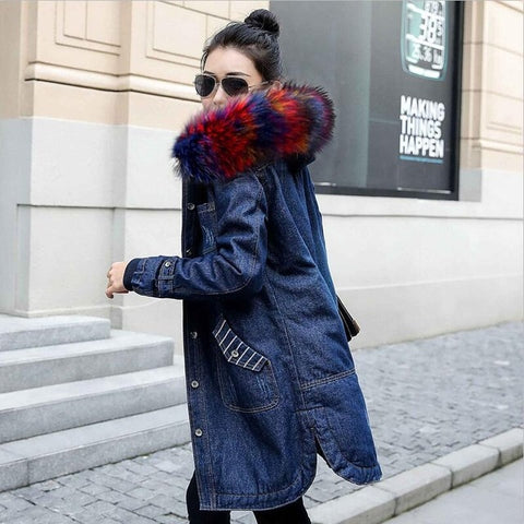 European Ladies Clothing Winter Hooded Outwear Big Fur Collar Female denim Jacket Warm Wool lining Long jackets women Jean Coat