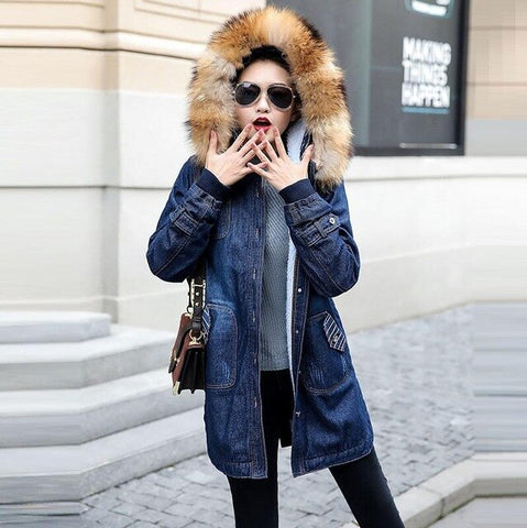 European Ladies Clothing Winter Hooded Outwear Big Fur Collar Female denim Jacket Warm Wool lining Long jackets women Jean Coat