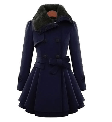 Womens New Style Vintage Woolen Coat Slim Lady Fur Collar Jacket Winter Outwear Plus Size S-5XL Solid Color Jacket with belt