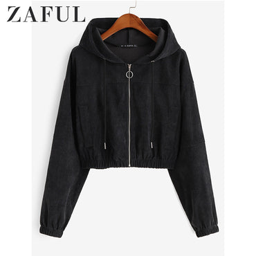 ZAFUL Winter Solid Women Causal Jackets Hooded Long Sleeves Female Corduroy Pullovers Zip Up Drawstring Pocket Femme Crop Jacket