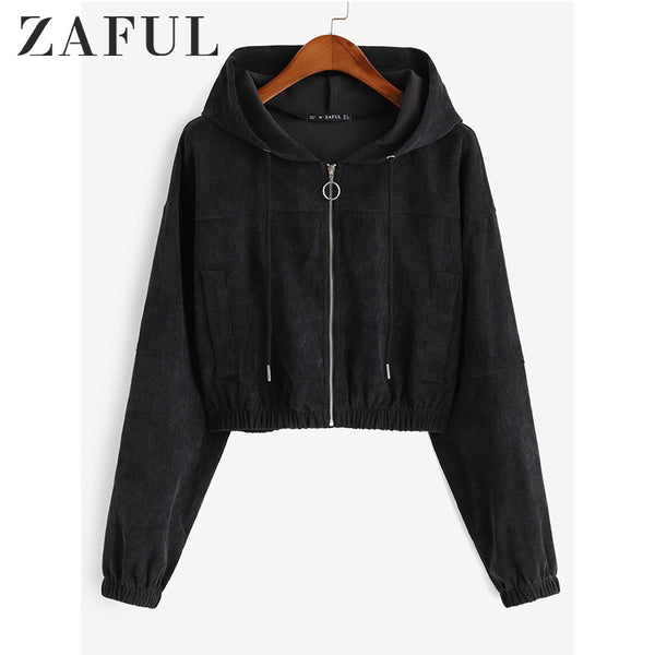 ZAFUL Winter Solid Women Causal Jackets Hooded Long Sleeves Female Corduroy Pullovers Zip Up Drawstring Pocket Femme Crop Jacket