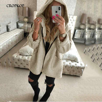 Women Hoodie Jackets 2019 Long-sleeved Autumn Winter Warm Plush Long Coats Pocket Loose Zipper Ladies Coats Big Size Streetwear