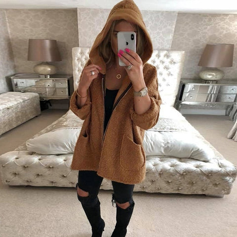 Women Hoodie Jackets 2019 Long-sleeved Autumn Winter Warm Plush Long Coats Pocket Loose Zipper Ladies Coats Big Size Streetwear