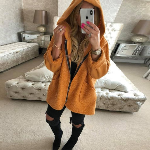 Women Hoodie Jackets 2019 Long-sleeved Autumn Winter Warm Plush Long Coats Pocket Loose Zipper Ladies Coats Big Size Streetwear