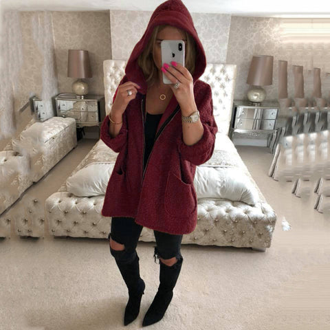 Women Hoodie Jackets 2019 Long-sleeved Autumn Winter Warm Plush Long Coats Pocket Loose Zipper Ladies Coats Big Size Streetwear