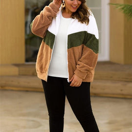 Women Loose Plush Coat 2019 Winter Patchwork Pocket Zipper Hooded  Jacket Large Size Clothing Plus Size Outwear