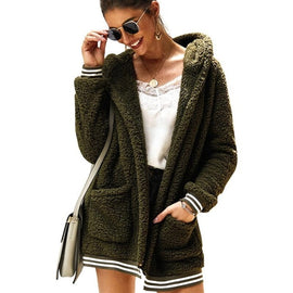 Faux Fur Coat Women Jacket Coat Women Pockets Hooded Autumn Winter Plush Warm Thick Teddy Coat Female Casual Overcoat