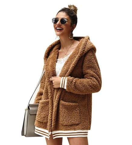 Faux Fur Coat Women Jacket Coat Women Pockets Hooded Autumn Winter Plush Warm Thick Teddy Coat Female Casual Overcoat