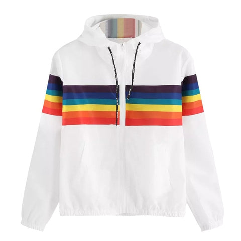 2019 Autumn Womens Jackets / Coats Long Sleeve Rainbow Patchwork O Neck Sweatshirt Hooded Fashion Feminine Coat Abrigos Mujer