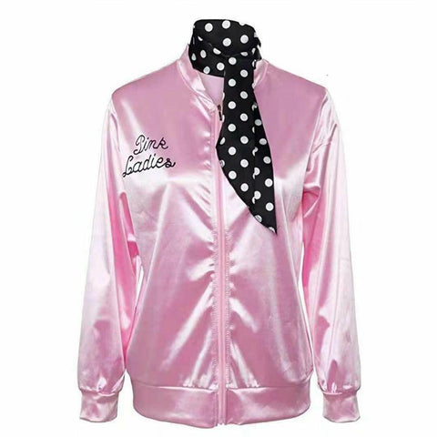 Yfashion Women Jacket Fashion Letters Printing Baseball Uniform Pink Ladies Satin Jacket Women Coat with Polka Dot Scarf