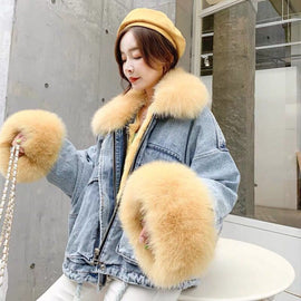 NEW 2019 winter velvet thick denim jacket female big fur collar Korean locomotive lamb coat female student short coat XXXL 4XL