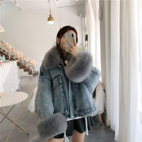 NEW 2019 winter velvet thick denim jacket female big fur collar Korean locomotive lamb coat female student short coat XXXL 4XL