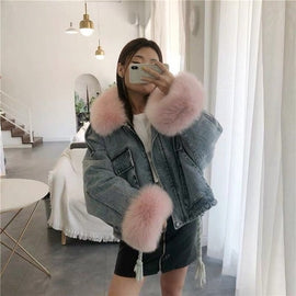 NEW 2019 winter velvet thick denim jacket female big fur collar Korean locomotive lamb coat female student short coat XXXL 4XL