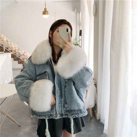 NEW 2019 winter velvet thick denim jacket female big fur collar Korean locomotive lamb coat female student short coat XXXL 4XL