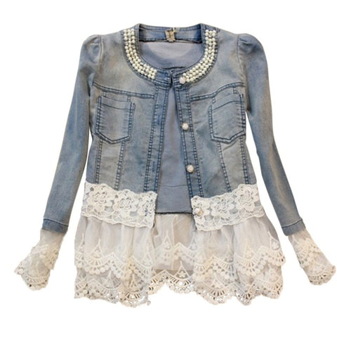 Autumn Office Lady Long Sleeve Denim Jacket Women Lace Patchwork Pearls O-neck Jeans Coat Single Breasted Female Top