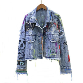 New Women's Denim Jacket Coat 2019 Jean Jackets Women Coats Female Denim Jacket Graffiti Rivet Jacket Girl Short Outerwear Blue