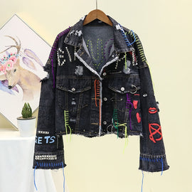 New Women's Denim Jacket Coat 2019 Jean Jackets Women Coats Female Denim Jacket Graffiti Rivet Jacket Girl Short Outerwear Blue